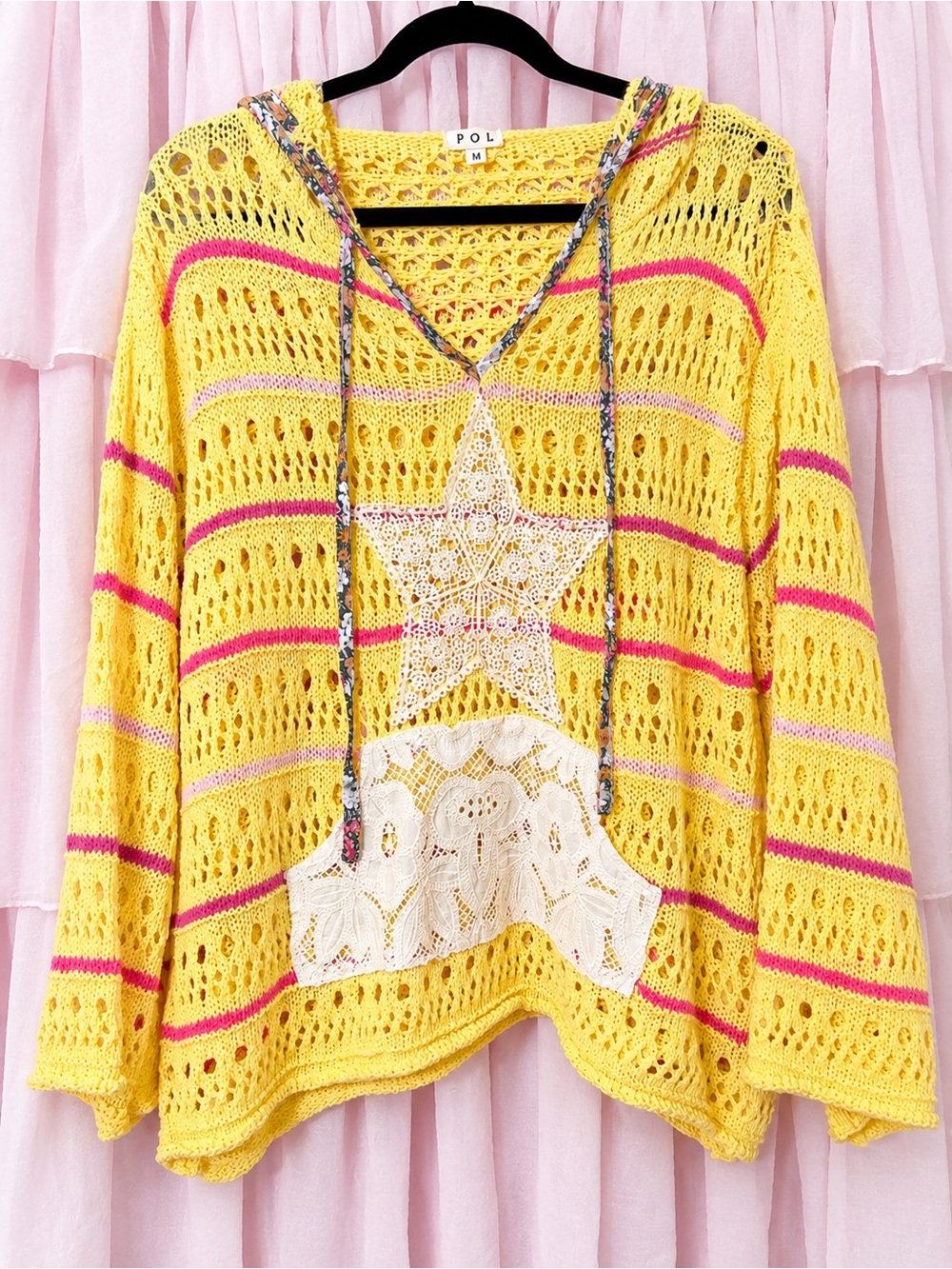 POL Yellow Crochet Hooded Sweater with Pink Stripes and Lace Star and Pocket.